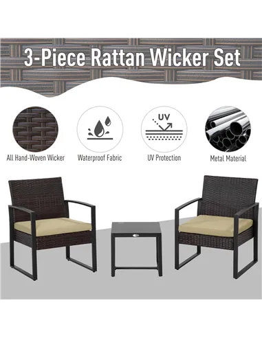 Outsunny 3 pcs PE Rattan Wicker Garden Furniture Patio Bistro Set Weave Conservatory Sofa Coffee Table and Chairs Set Beige