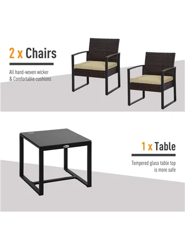 Outsunny 3 pcs PE Rattan Wicker Garden Furniture Patio Bistro Set Weave Conservatory Sofa Coffee Table and Chairs Set Beige