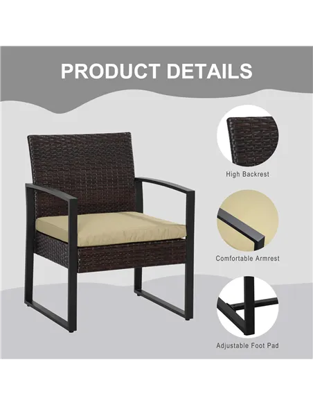 Outsunny 3 pcs PE Rattan Wicker Garden Furniture Patio Bistro Set Weave Conservatory Sofa Coffee Table and Chairs Set Beige