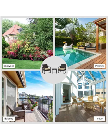 Outsunny 3 pcs PE Rattan Wicker Garden Furniture Patio Bistro Set Weave Conservatory Sofa Coffee Table and Chairs Set Beige