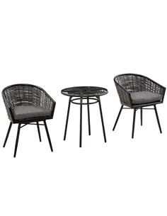 Outsunny 3 Pieces Rattan Bistro Set, Wicker Garden Furniture Set with Round Glass Top Coffee Table and Chairs, Washable Cushions