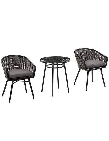 Outsunny 3 Pieces Rattan Bistro Set, Wicker Garden Furniture Set with Round Glass Top Coffee Table and Chairs, Washable Cushions