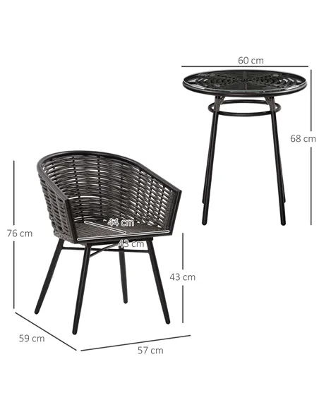 Outsunny 3 Pieces Rattan Bistro Set, Wicker Garden Furniture Set with Round Glass Top Coffee Table and Chairs, Washable Cushions