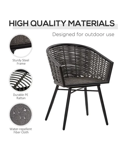 Outsunny 3 Pieces Rattan Bistro Set, Wicker Garden Furniture Set with Round Glass Top Coffee Table and Chairs, Washable Cushions