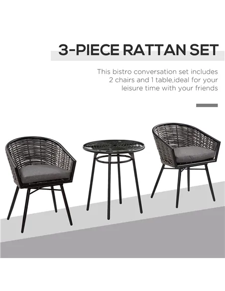 Outsunny 3 Pieces Rattan Bistro Set, Wicker Garden Furniture Set with Round Glass Top Coffee Table and Chairs, Washable Cushions