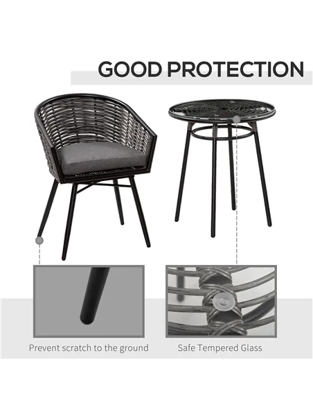 Outsunny 3 Pieces Rattan Bistro Set, Wicker Garden Furniture Set with Round Glass Top Coffee Table and Chairs, Washable Cushions