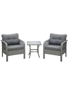 Outsunny 3 Pieces Rattan Bistro Set with Glass Top Coffee Table, Chairs and Cushions for Outdoor, Patio, Balcony, Grey