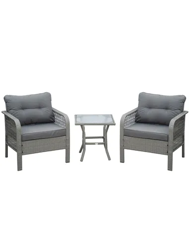 Outsunny 3 Pieces Rattan Bistro Set with Glass Top Coffee Table, Chairs and Cushions for Outdoor, Patio, Balcony, Grey