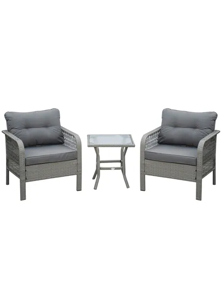 Outsunny 3 Pieces Rattan Bistro Set with Glass Top Coffee Table, Chairs and Cushions for Outdoor, Patio, Balcony, Grey