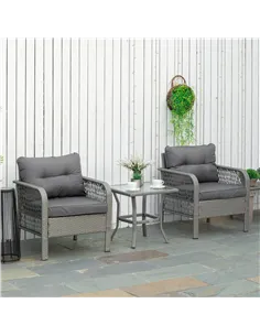 Outsunny 3 Pieces Rattan Bistro Set with Glass Top Coffee Table, Chairs and Cushions for Outdoor, Patio, Balcony, Grey 2
