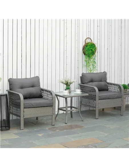 Outsunny 3 Pieces Rattan Bistro Set with Glass Top Coffee Table, Chairs and Cushions for Outdoor, Patio, Balcony, Grey
