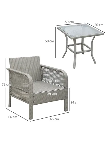 Outsunny 3 Pieces Rattan Bistro Set with Glass Top Coffee Table, Chairs and Cushions for Outdoor, Patio, Balcony, Grey