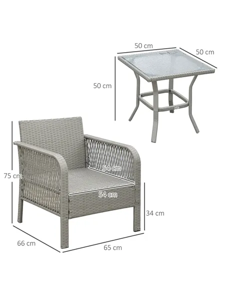 Outsunny 3 Pieces Rattan Bistro Set with Glass Top Coffee Table, Chairs and Cushions for Outdoor, Patio, Balcony, Grey