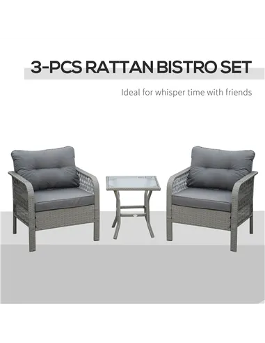 Outsunny 3 Pieces Rattan Bistro Set with Glass Top Coffee Table, Chairs and Cushions for Outdoor, Patio, Balcony, Grey