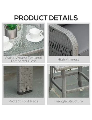 Outsunny 3 Pieces Rattan Bistro Set with Glass Top Coffee Table, Chairs and Cushions for Outdoor, Patio, Balcony, Grey