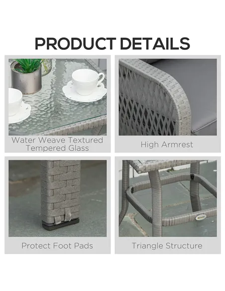 Outsunny 3 Pieces Rattan Bistro Set with Glass Top Coffee Table, Chairs and Cushions for Outdoor, Patio, Balcony, Grey