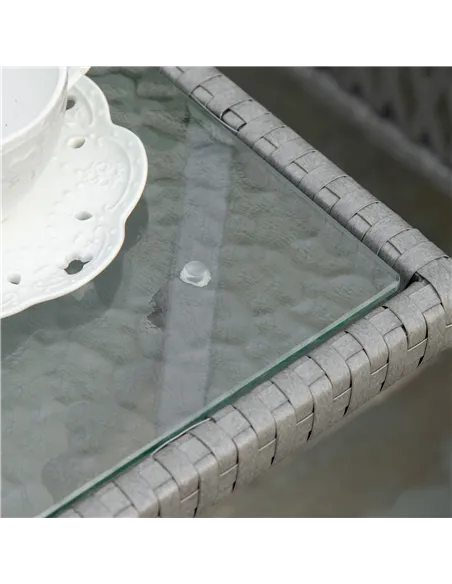 Outsunny 3 Pieces Rattan Bistro Set with Glass Top Coffee Table, Chairs and Cushions for Outdoor, Patio, Balcony, Grey