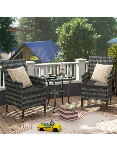 Outsunny 3 Pieces Rattan Bistro Set, Wicker Garden Furniture Set with 2-Tier Coffee Table and Chairs, Washable Cushions, for Out