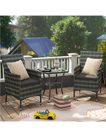 Outsunny 3 Pieces Rattan Bistro Set, Wicker Garden Furniture Set with 2-Tier Coffee Table and Chairs, Washable Cushions, for Out