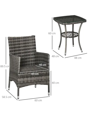 Outsunny 3 Pieces Rattan Bistro Set, Wicker Garden Furniture Set with 2-Tier Coffee Table and Chairs, Washable Cushions, for Out