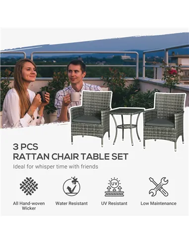 Outsunny 3 Pieces Rattan Bistro Set, Wicker Garden Furniture Set with 2-Tier Coffee Table and Chairs, Washable Cushions, for Out
