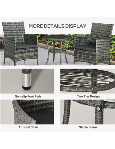 Outsunny 3 Pieces Rattan Bistro Set, Wicker Garden Furniture Set with 2-Tier Coffee Table and Chairs, Washable Cushions, for Out