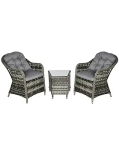 Outsunny 3 Pieces Rattan Bistro Set, Wicker Garden Bistro Set, Glass Top Balcony Table and Chairs with Cushions for Outdoor, Pat