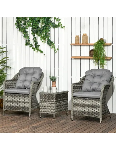 Outsunny 3 Pieces Rattan Bistro Set, Wicker Garden Bistro Set, Glass Top Balcony Table and Chairs with Cushions for Outdoor, Pat