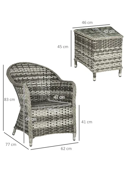 Outsunny 3 Pieces Rattan Bistro Set, Wicker Garden Bistro Set, Glass Top Balcony Table and Chairs with Cushions for Outdoor, Pat