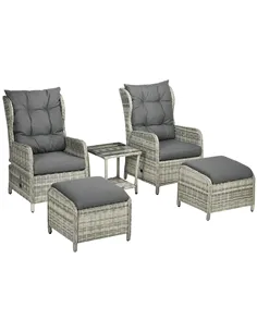 Outsunny 5 Pieces Rattan Bistro Set with Adjustable Back, Reclining Wicker Balcony Furniture with Cushions, Glass Top Coffee Tab