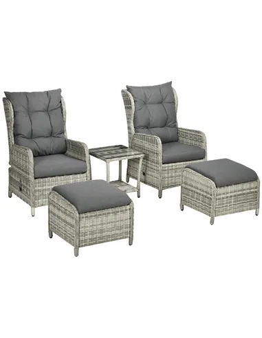 Outsunny 5 Pieces Rattan Bistro Set with Adjustable Back, Reclining Wicker Balcony Furniture with Cushions, Glass Top Coffee Tab