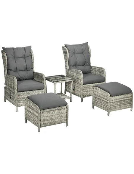 Outsunny 5 Pieces Rattan Bistro Set with Adjustable Back, Reclining Wicker Balcony Furniture with Cushions, Glass Top Coffee Tab