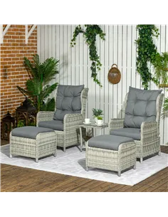 Outsunny 5 Pieces Rattan Bistro Set with Adjustable Back, Reclining Wicker Balcony Furniture with Cushions, Glass Top Coffee Tab 2