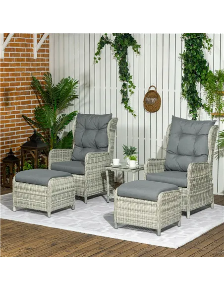 Outsunny 5 Pieces Rattan Bistro Set with Adjustable Back, Reclining Wicker Balcony Furniture with Cushions, Glass Top Coffee Tab