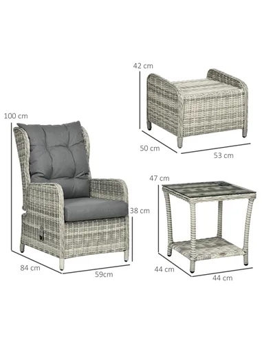 Outsunny 5 Pieces Rattan Bistro Set with Adjustable Back, Reclining Wicker Balcony Furniture with Cushions, Glass Top Coffee Tab