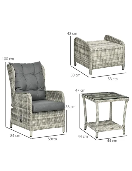 Outsunny 5 Pieces Rattan Bistro Set with Adjustable Back, Reclining Wicker Balcony Furniture with Cushions, Glass Top Coffee Tab