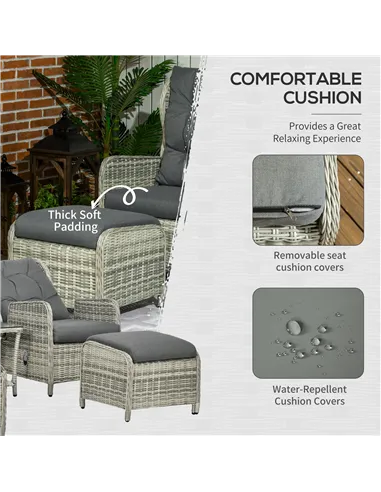 Outsunny 5 Pieces Rattan Bistro Set with Adjustable Back, Reclining Wicker Balcony Furniture with Cushions, Glass Top Coffee Tab