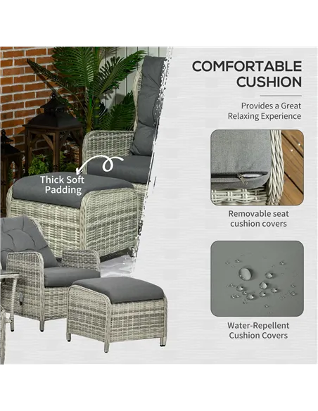 Outsunny 5 Pieces Rattan Bistro Set with Adjustable Back, Reclining Wicker Balcony Furniture with Cushions, Glass Top Coffee Tab