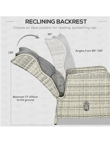 Outsunny 5 Pieces Rattan Bistro Set with Adjustable Back, Reclining Wicker Balcony Furniture with Cushions, Glass Top Coffee Tab