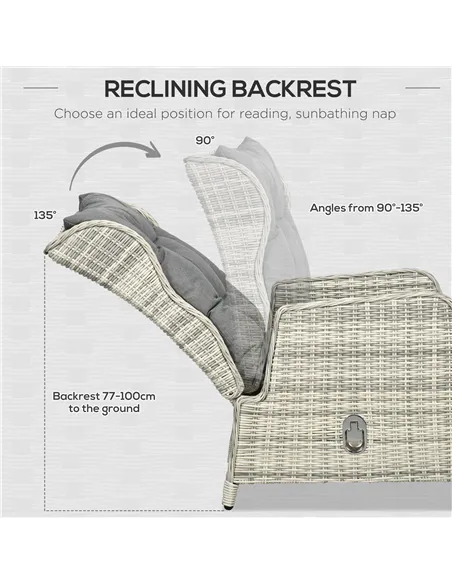 Outsunny 5 Pieces Rattan Bistro Set with Adjustable Back, Reclining Wicker Balcony Furniture with Cushions, Glass Top Coffee Tab