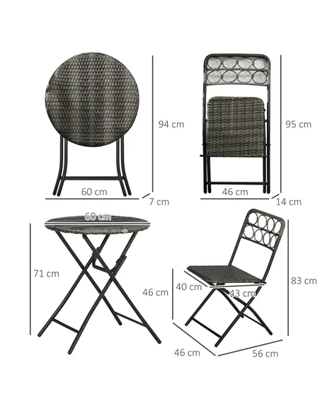 Outsunny 3 Pieces Rattan Bistro Set, Wicker Folding Garden Furniture Set with Coffee Table and Chairs for Outdoor, Patio, Balcon