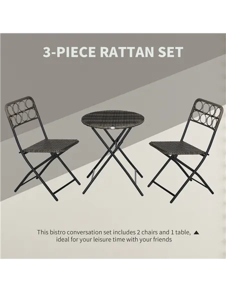 Outsunny 3 Pieces Rattan Bistro Set, Wicker Folding Garden Furniture Set with Coffee Table and Chairs for Outdoor, Patio, Balcon