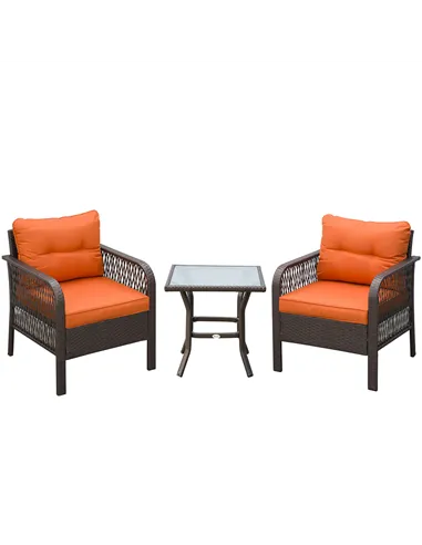 Outsunny 3 Pieces Rattan Bistro Set with Glass Top Coffee Table, Chairs and Cushions for Outdoor, Patio, Balcony, Orange