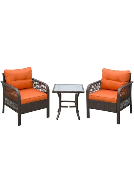 Outsunny 3 Pieces Rattan Bistro Set with Glass Top Coffee Table, Chairs and Cushions for Outdoor, Patio, Balcony, Orange