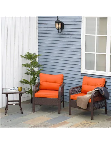 Outsunny 3 Pieces Rattan Bistro Set with Glass Top Coffee Table, Chairs and Cushions for Outdoor, Patio, Balcony, Orange