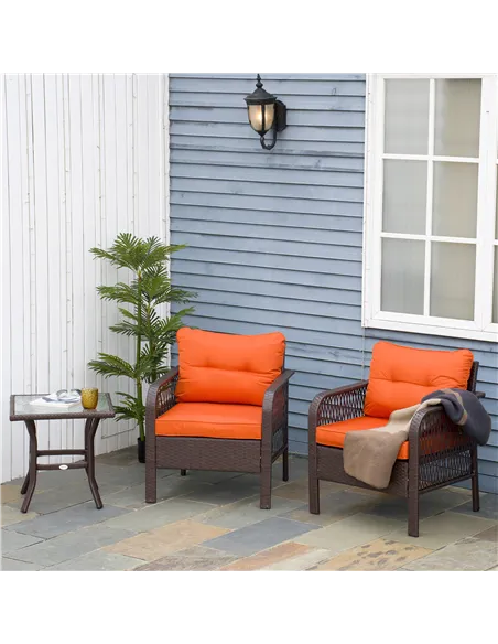 Outsunny 3 Pieces Rattan Bistro Set with Glass Top Coffee Table, Chairs and Cushions for Outdoor, Patio, Balcony, Orange