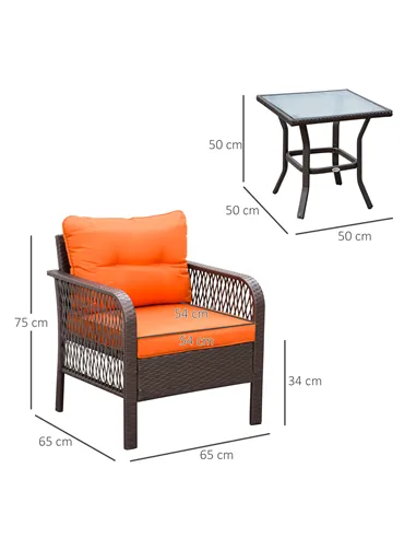 Outsunny 3 Pieces Rattan Bistro Set with Glass Top Coffee Table, Chairs and Cushions for Outdoor, Patio, Balcony, Orange