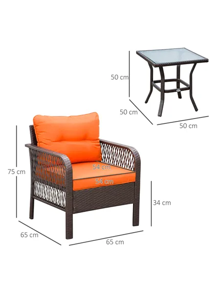 Outsunny 3 Pieces Rattan Bistro Set with Glass Top Coffee Table, Chairs and Cushions for Outdoor, Patio, Balcony, Orange