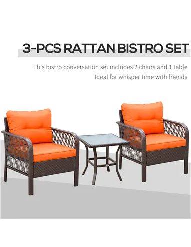 Outsunny 3 Pieces Rattan Bistro Set with Glass Top Coffee Table, Chairs and Cushions for Outdoor, Patio, Balcony, Orange