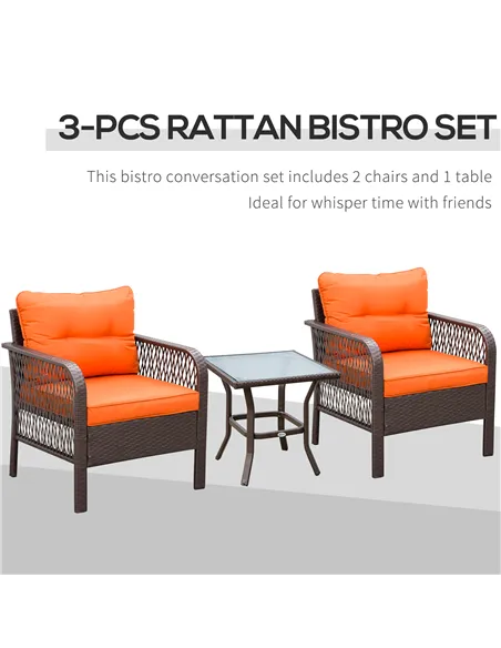 Outsunny 3 Pieces Rattan Bistro Set with Glass Top Coffee Table, Chairs and Cushions for Outdoor, Patio, Balcony, Orange
